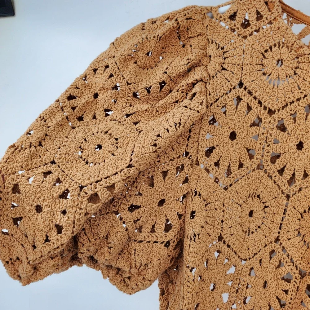 Zara Mustard Crochet Puff Sleeve Top